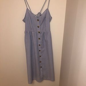 pinstripe blue summer dress with tortoise buttons